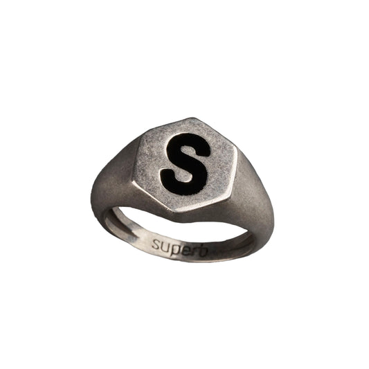 Black Hexagon Silver Ring