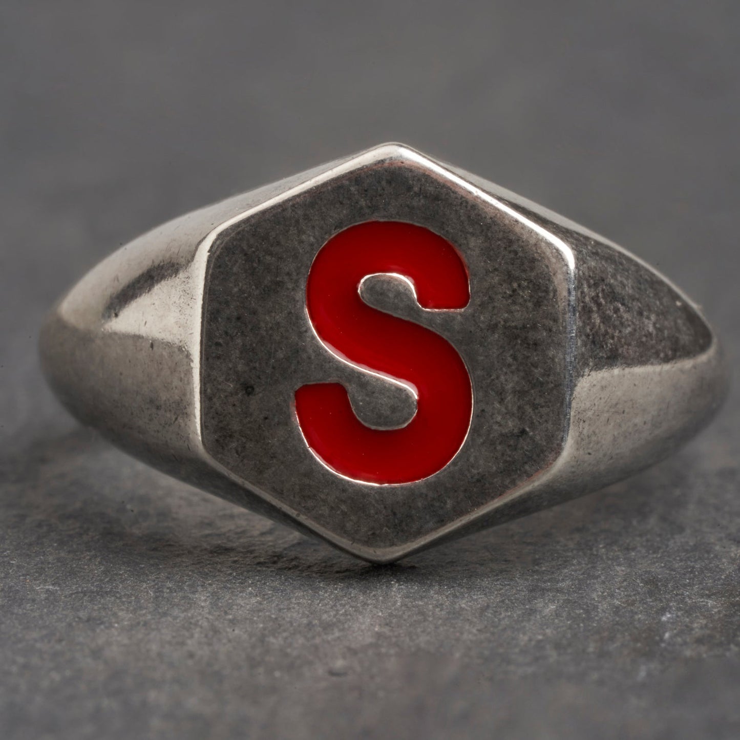 Red Hexagon Silver Ring