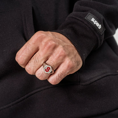 Red Hexagon Silver Ring
