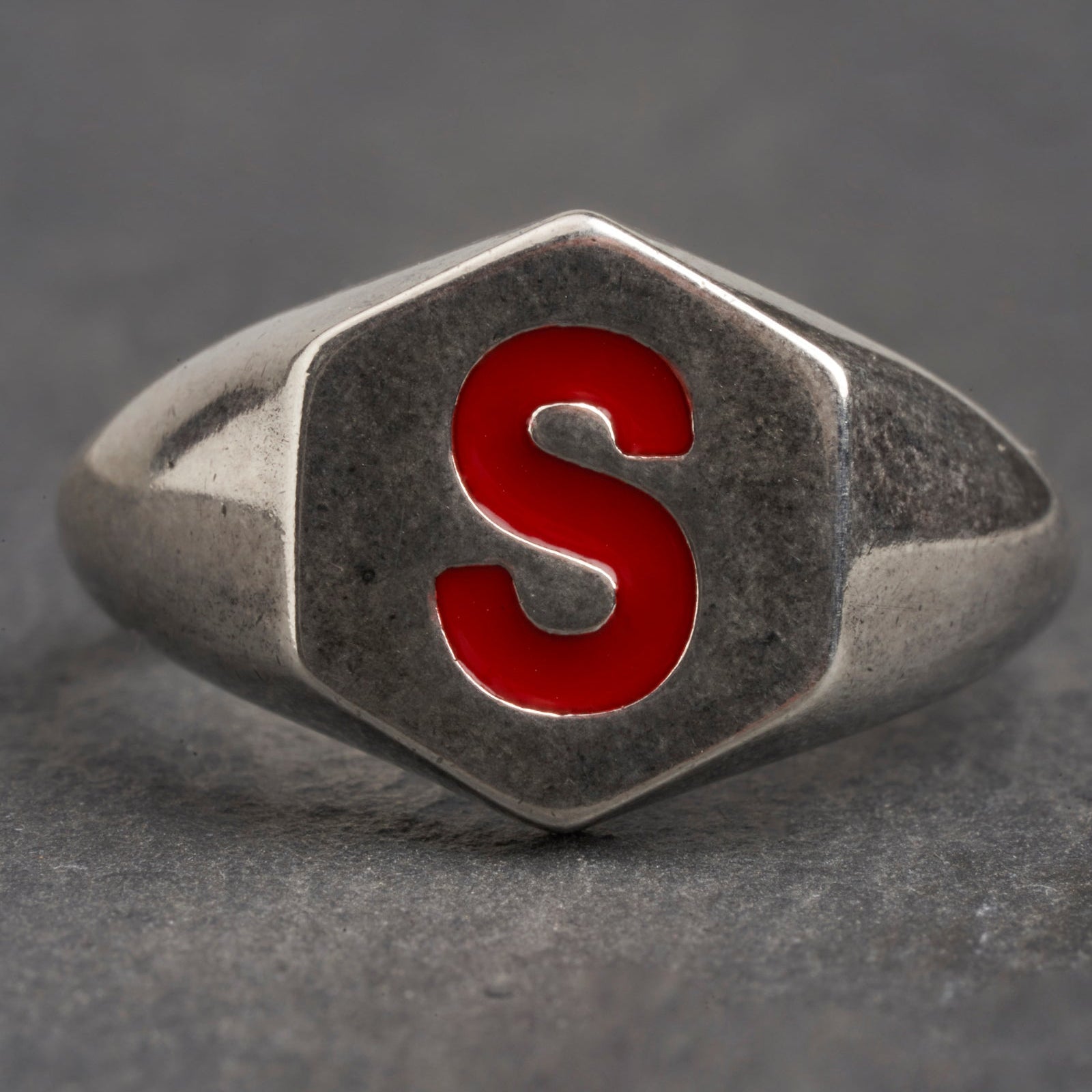 Red Hexagon Silver Ring