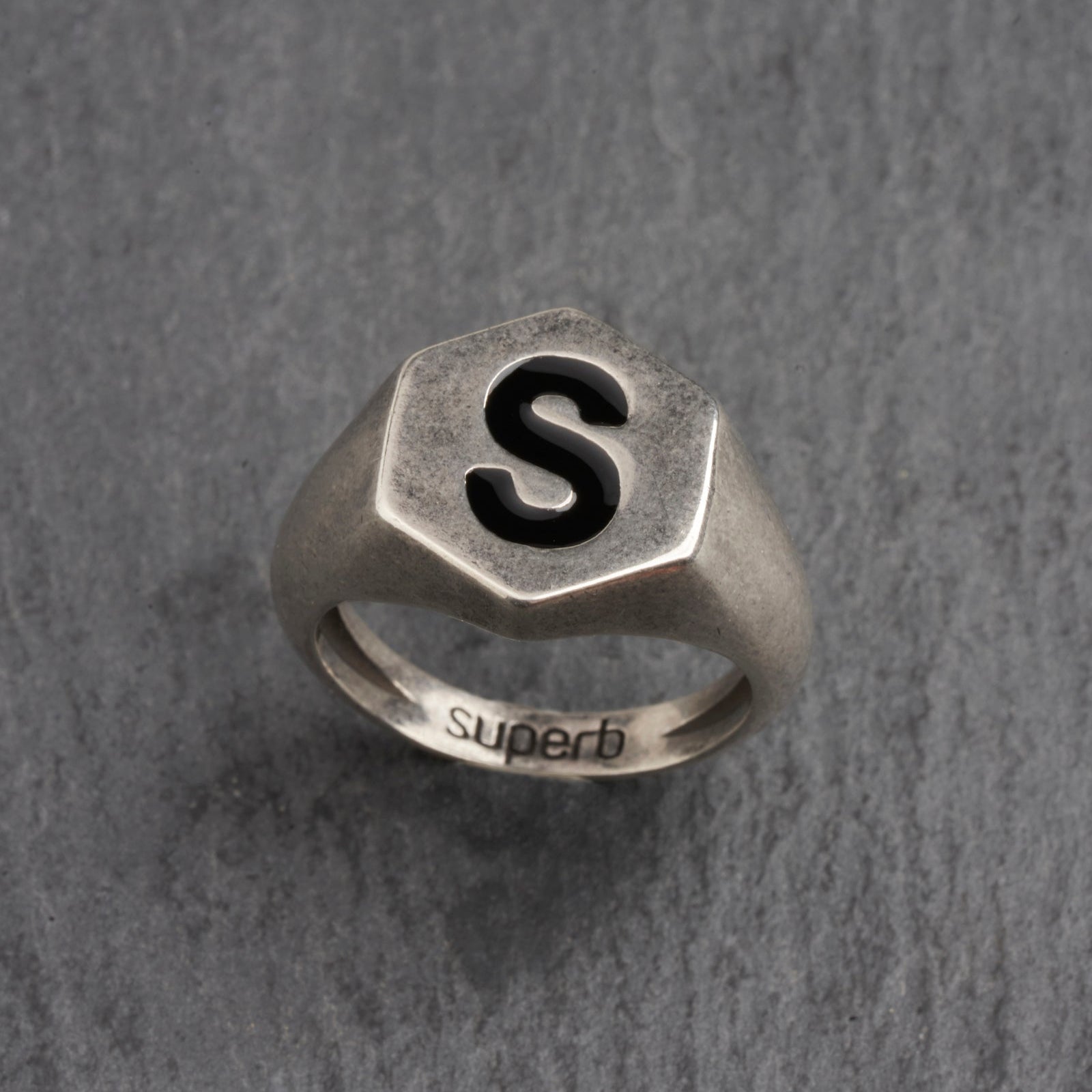 Black Hexagon Silver Ring