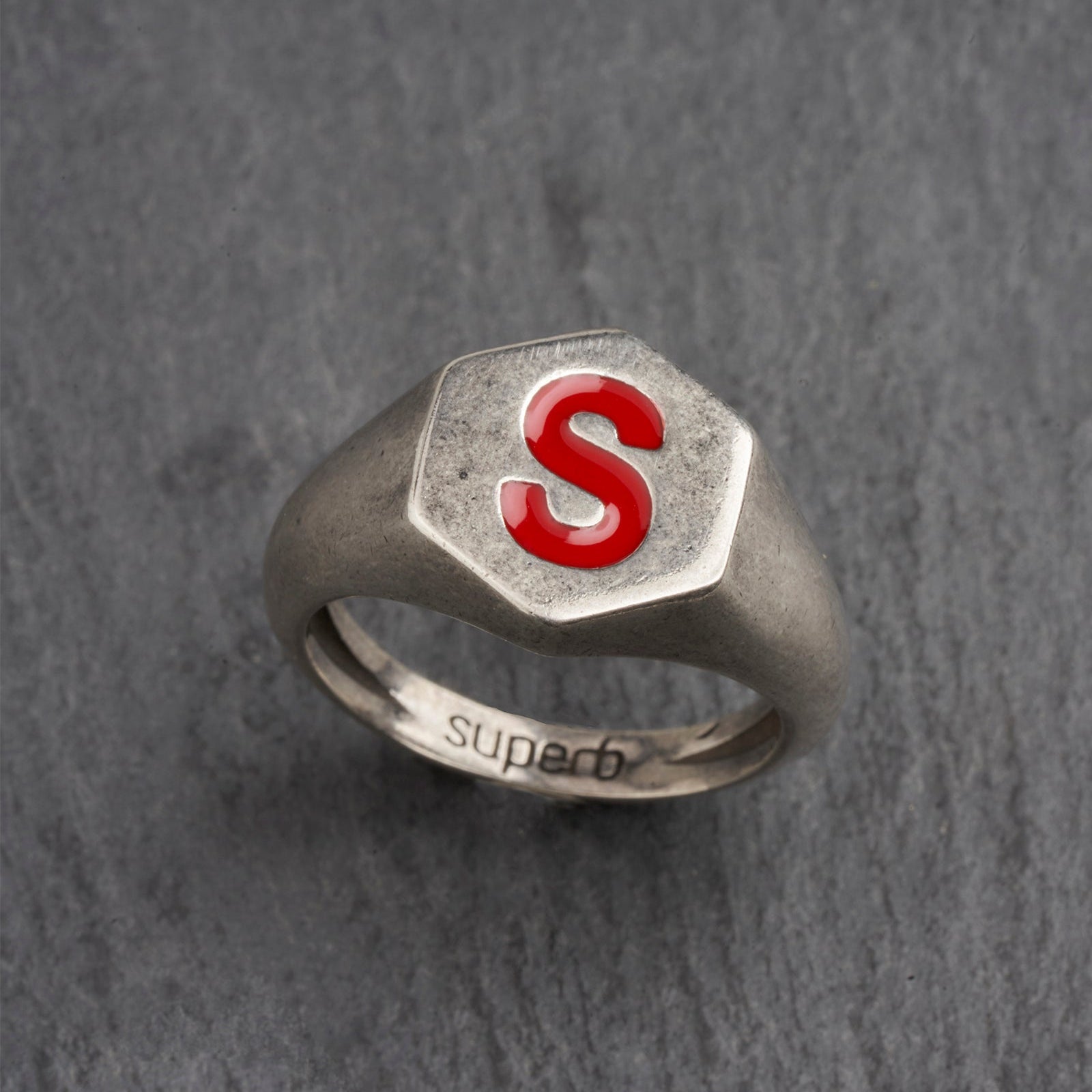 Red Hexagon Silver Ring